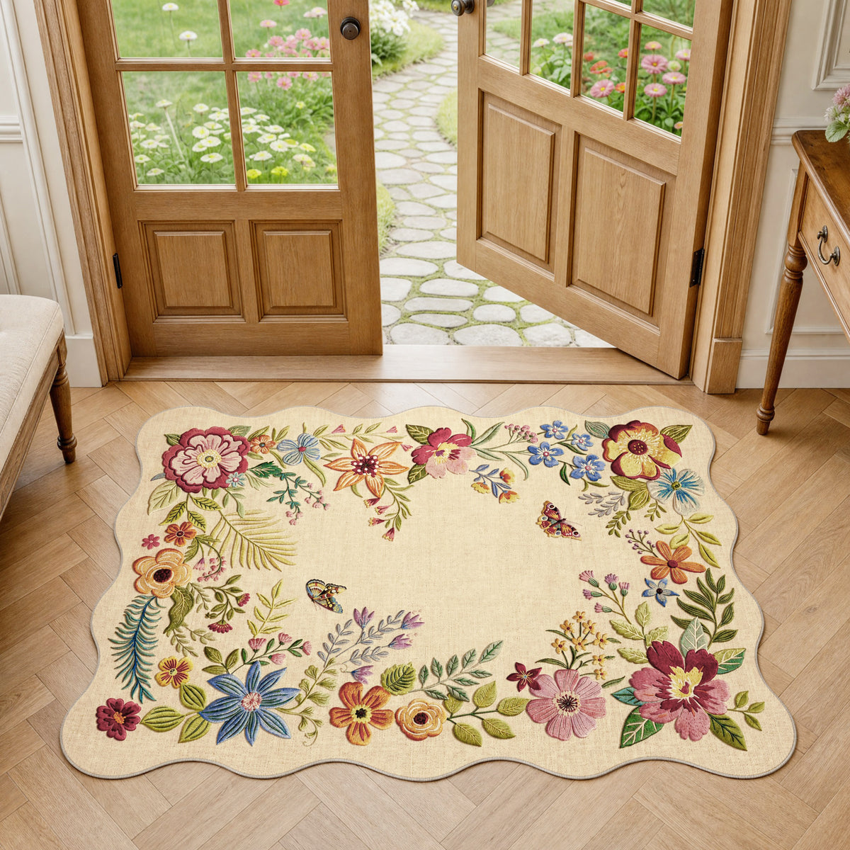 Metro Parlor Floral Washable Area Rug Vintage Flower Boho Scalloped Soft Non Slip Low Pile Indoor Thin Carpet for Living Room Bedroom Dining Room