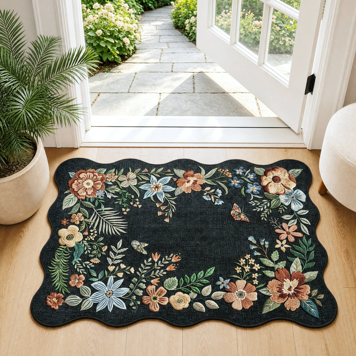 Metro Parlor Floral Washable Area Rug Vintage Flower Boho Scalloped Soft Non Slip Low Pile Indoor Thin Carpet for Living Room Bedroom Dining Room
