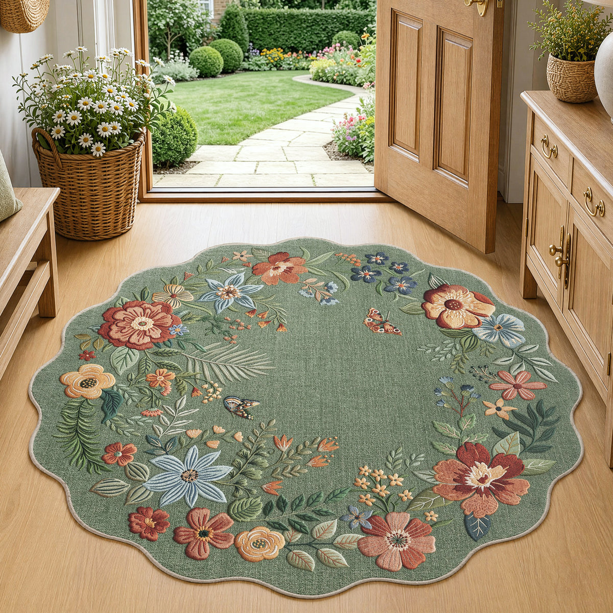 Metro Parlor Floral Washable Area Rug Vintage Flower Boho Scalloped Soft Non Slip Low Pile Indoor Thin Carpet for Living Room Bedroom Dining Room