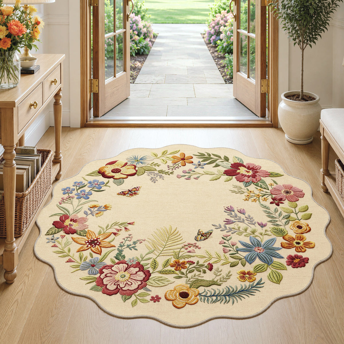 Metro Parlor Floral Washable Area Rug Vintage Flower Boho Scalloped Soft Non Slip Low Pile Indoor Thin Carpet for Living Room Bedroom Dining Room