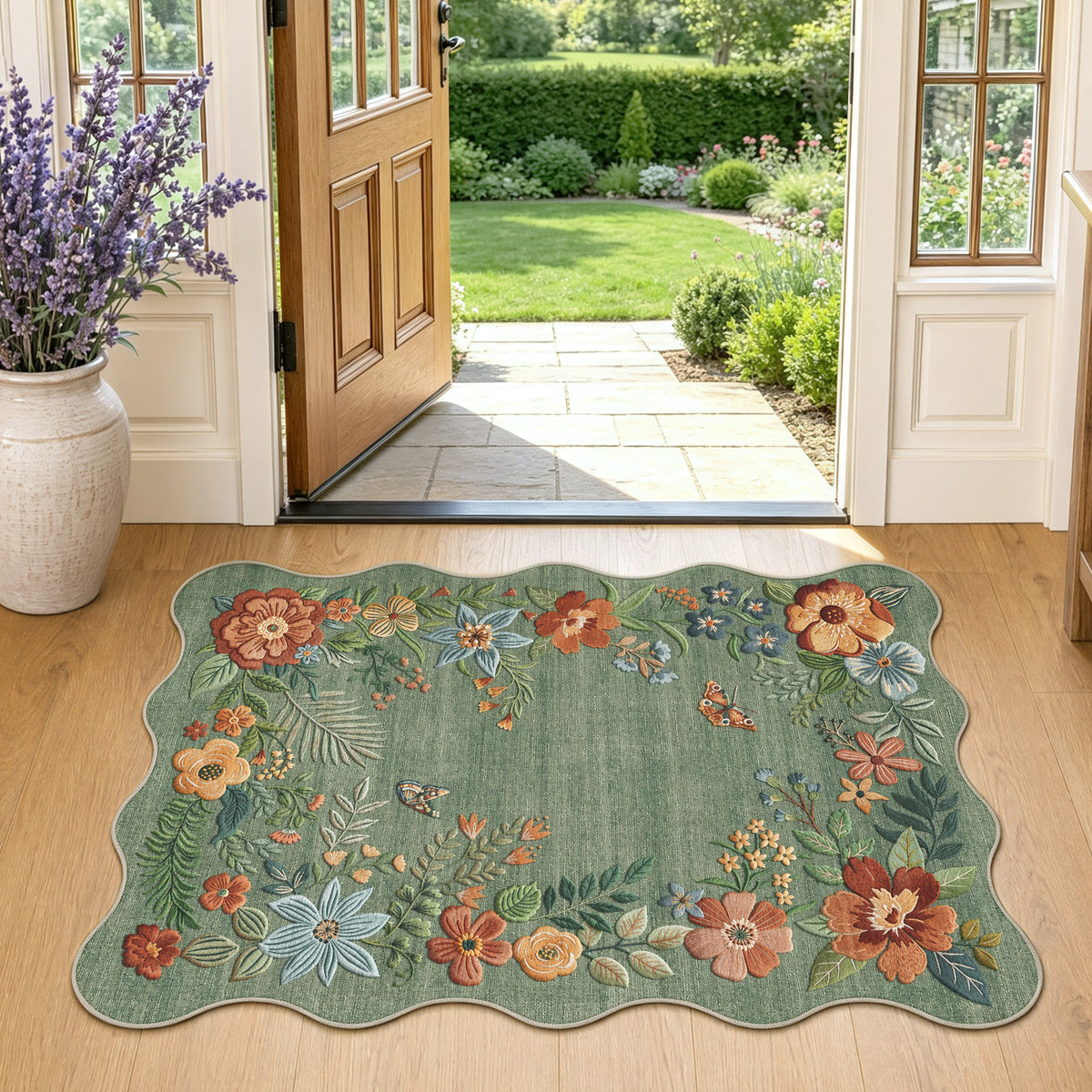 Metro Parlor Floral Washable Area Rug Vintage Flower Boho Scalloped Soft Non Slip Low Pile Indoor Thin Carpet for Living Room Bedroom Dining Room