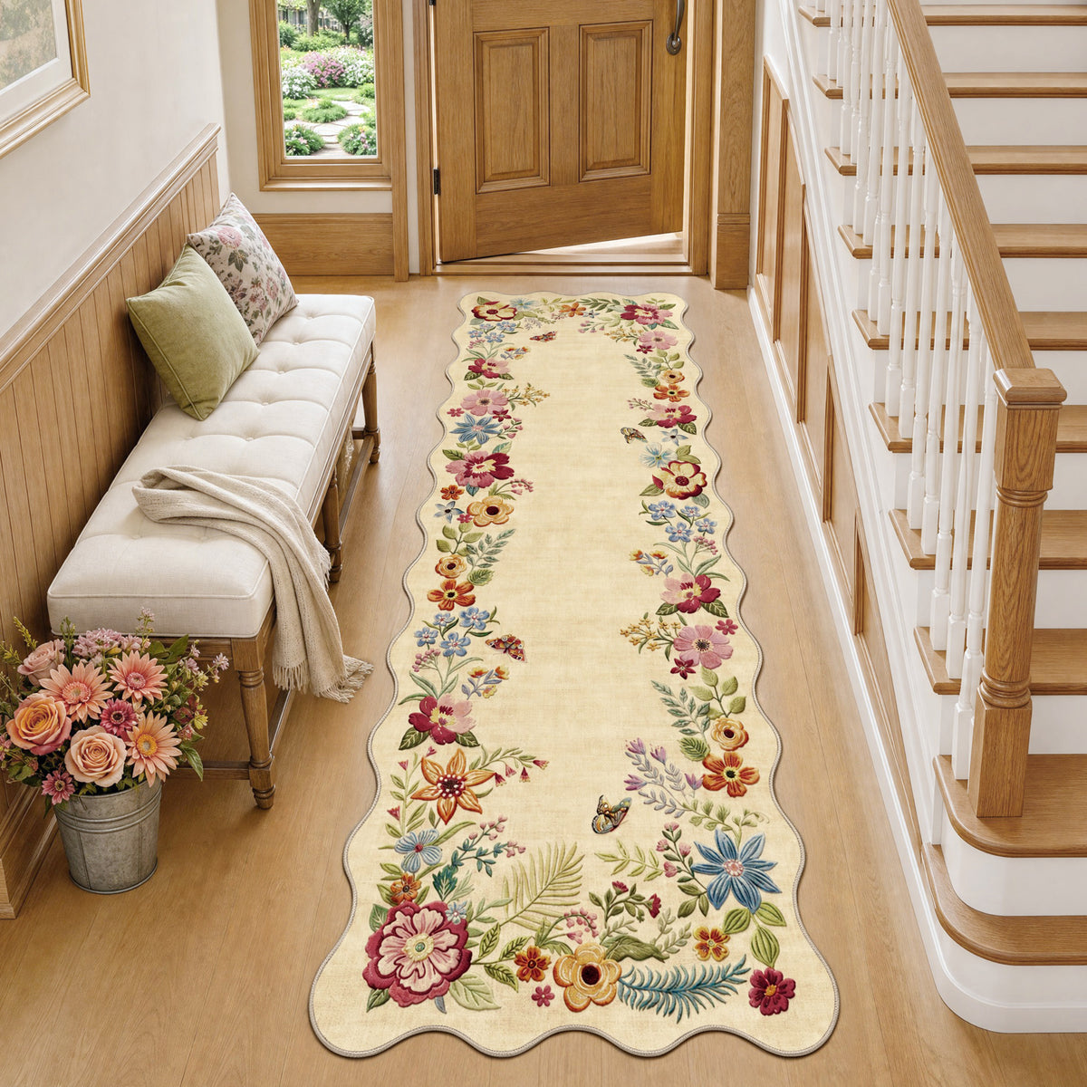 Metro Parlor Floral Washable Area Rug Vintage Flower Boho Scalloped Soft Non Slip Low Pile Indoor Thin Carpet for Living Room Bedroom Dining Room