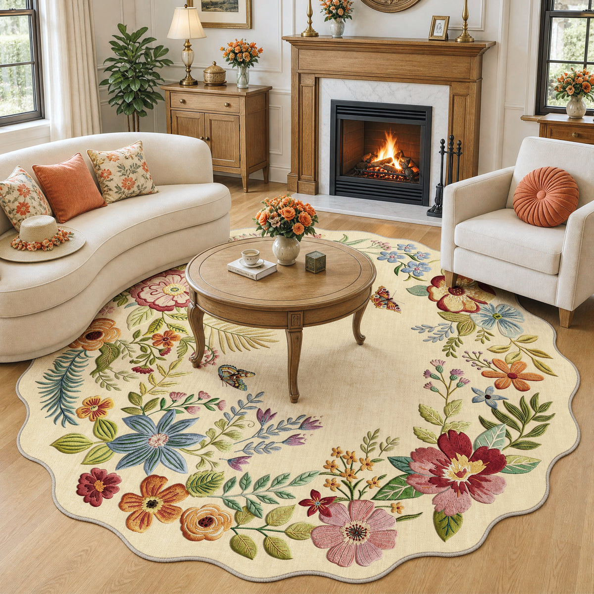 Metro Parlor Floral Washable Area Rug Vintage Flower Boho Scalloped Soft Non Slip Low Pile Indoor Thin Carpet for Living Room Bedroom Dining Room
