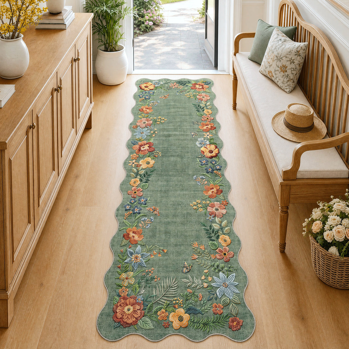Metro Parlor Floral Washable Area Rug Vintage Flower Boho Scalloped Soft Non Slip Low Pile Indoor Thin Carpet for Living Room Bedroom Dining Room