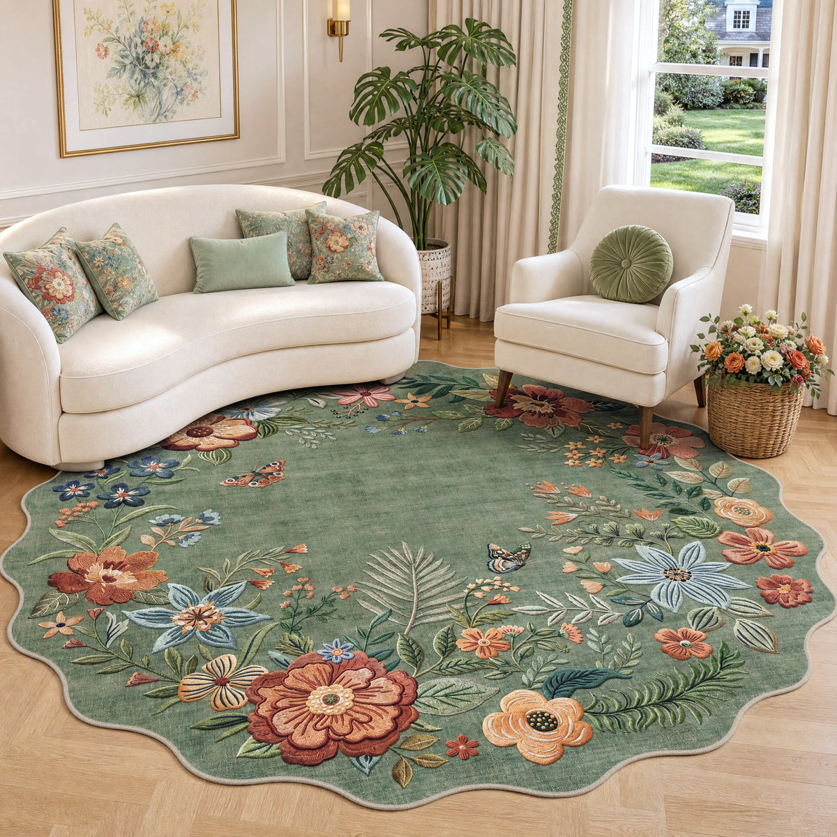 Metro Parlor Floral Washable Area Rug Vintage Flower Boho Scalloped Soft Non Slip Low Pile Indoor Thin Carpet for Living Room Bedroom Dining Room