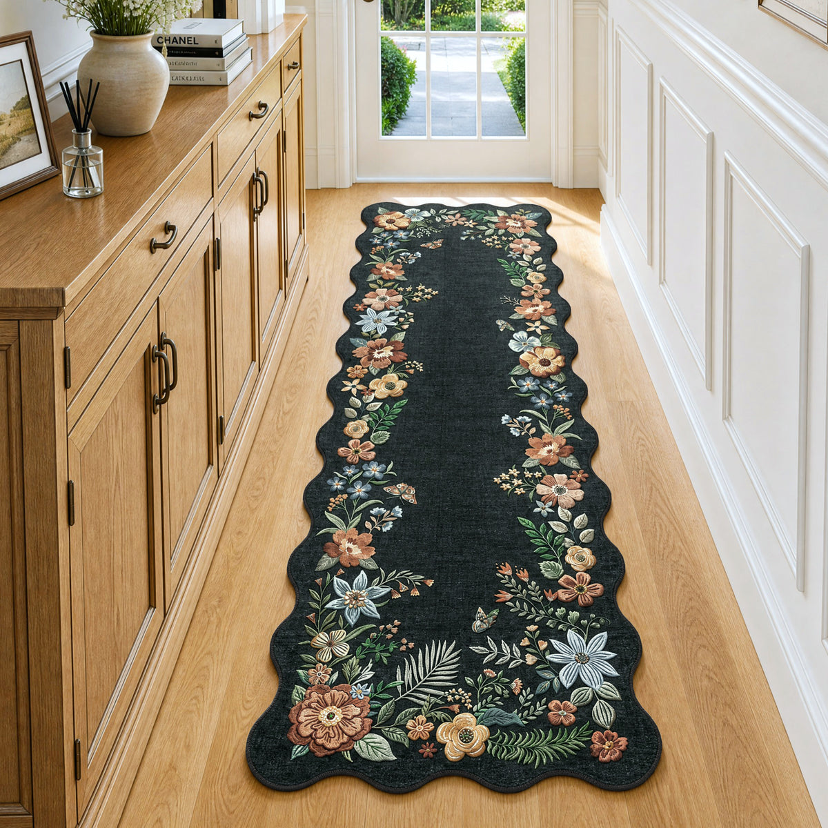 Metro Parlor Floral Washable Area Rug Vintage Flower Boho Scalloped Soft Non Slip Low Pile Indoor Thin Carpet for Living Room Bedroom Dining Room