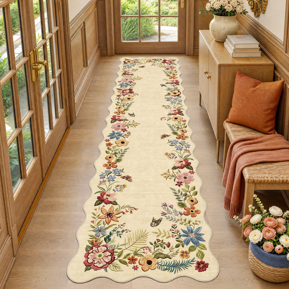 Metro Parlor Floral Washable Area Rug Vintage Flower Boho Scalloped Soft Non Slip Low Pile Indoor Thin Carpet for Living Room Bedroom Dining Room