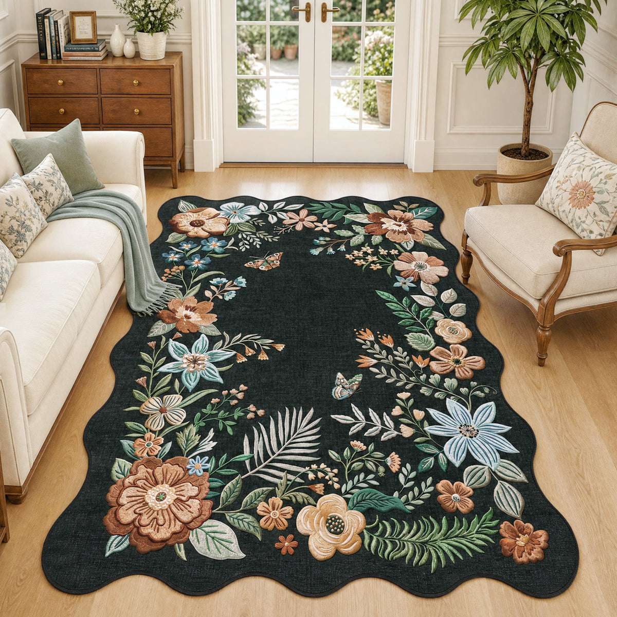 Metro Parlor Floral Washable Area Rug Vintage Flower Boho Scalloped Soft Non Slip Low Pile Indoor Thin Carpet for Living Room Bedroom Dining Room