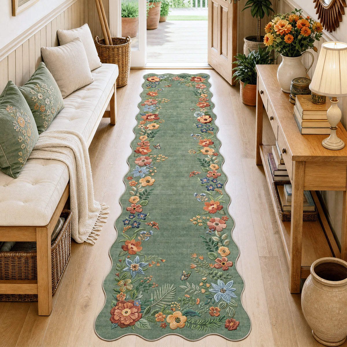 Metro Parlor Floral Washable Area Rug Vintage Flower Boho Scalloped Soft Non Slip Low Pile Indoor Thin Carpet for Living Room Bedroom Dining Room