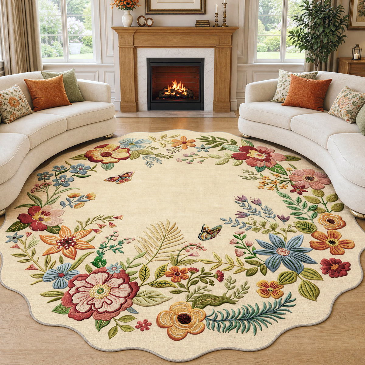 Metro Parlor Floral Washable Area Rug Vintage Flower Boho Scalloped Soft Non Slip Low Pile Indoor Thin Carpet for Living Room Bedroom Dining Room