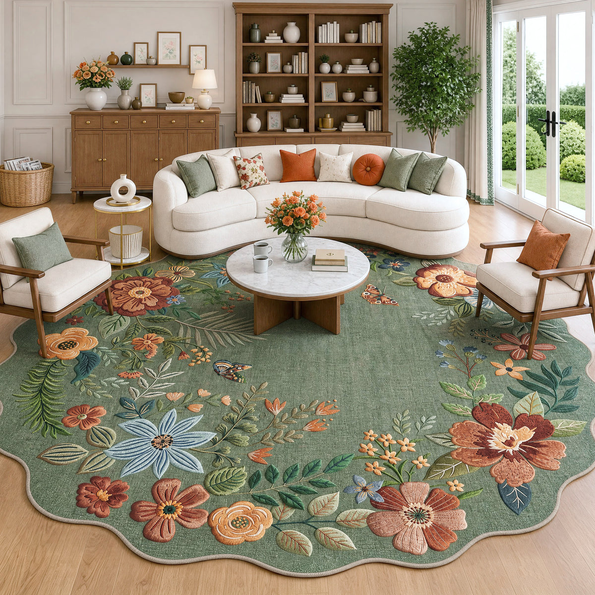 Metro Parlor Floral Washable Area Rug Vintage Flower Boho Scalloped Soft Non Slip Low Pile Indoor Thin Carpet for Living Room Bedroom Dining Room
