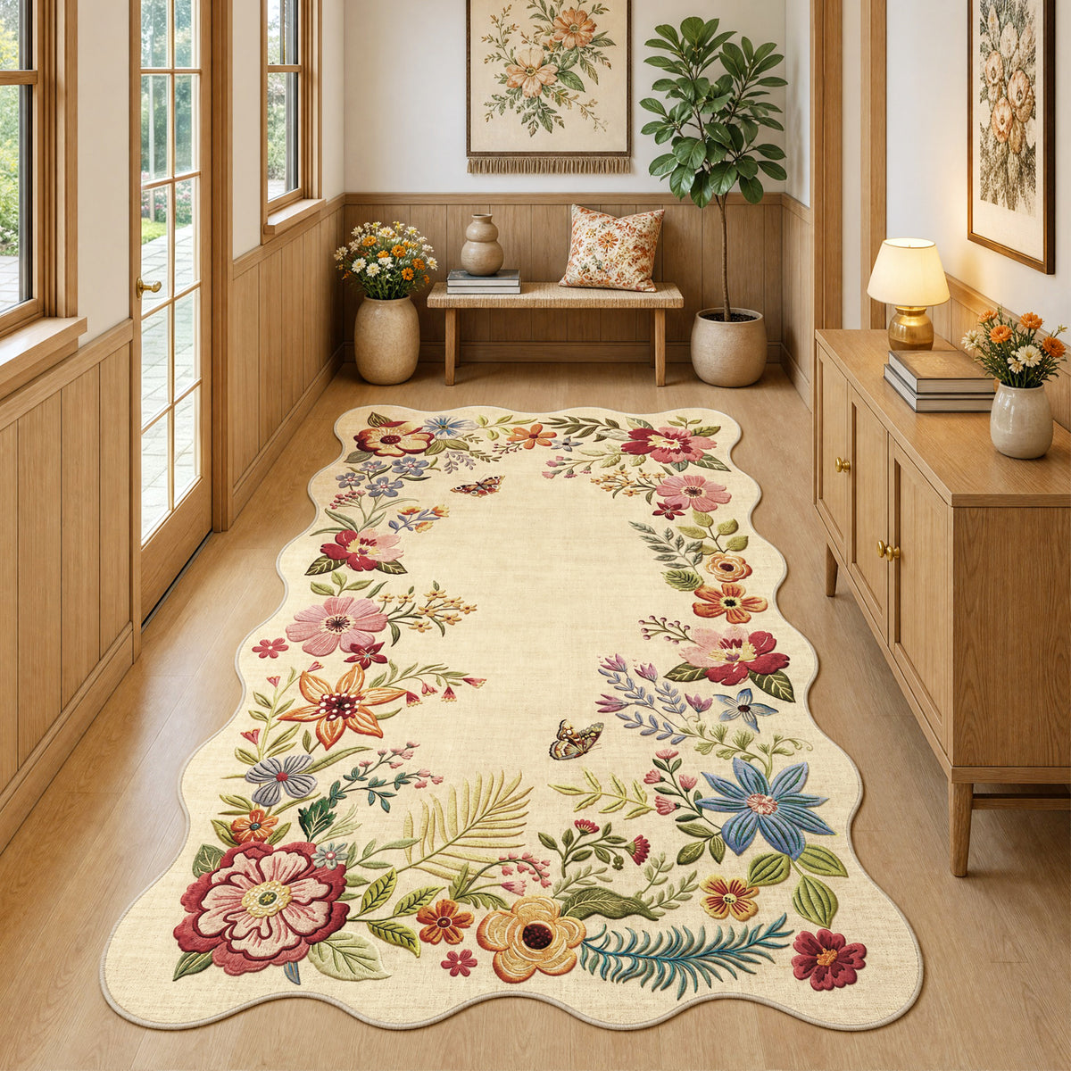Metro Parlor Floral Washable Area Rug Vintage Flower Boho Scalloped Soft Non Slip Low Pile Indoor Thin Carpet for Living Room Bedroom Dining Room
