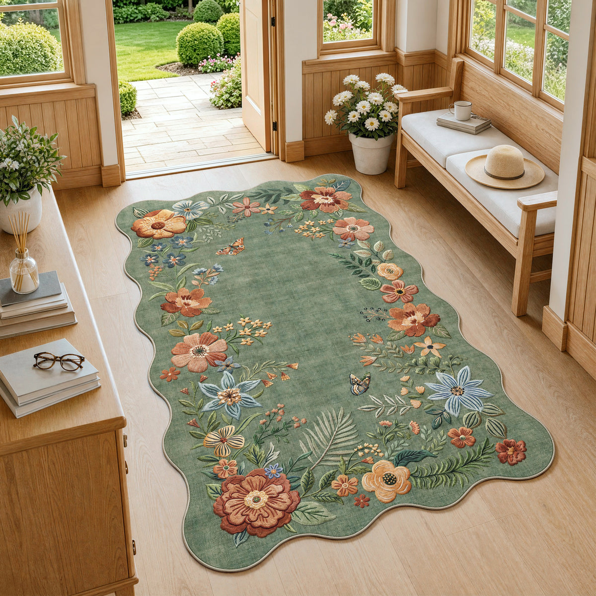 Metro Parlor Floral Washable Area Rug Vintage Flower Boho Scalloped Soft Non Slip Low Pile Indoor Thin Carpet for Living Room Bedroom Dining Room