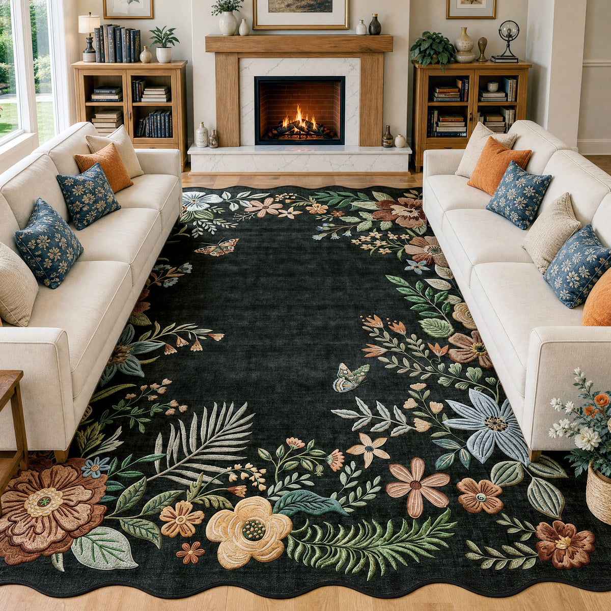 Metro Parlor Floral Washable Area Rug Vintage Flower Boho Scalloped Soft Non Slip Low Pile Indoor Thin Carpet for Living Room Bedroom Dining Room