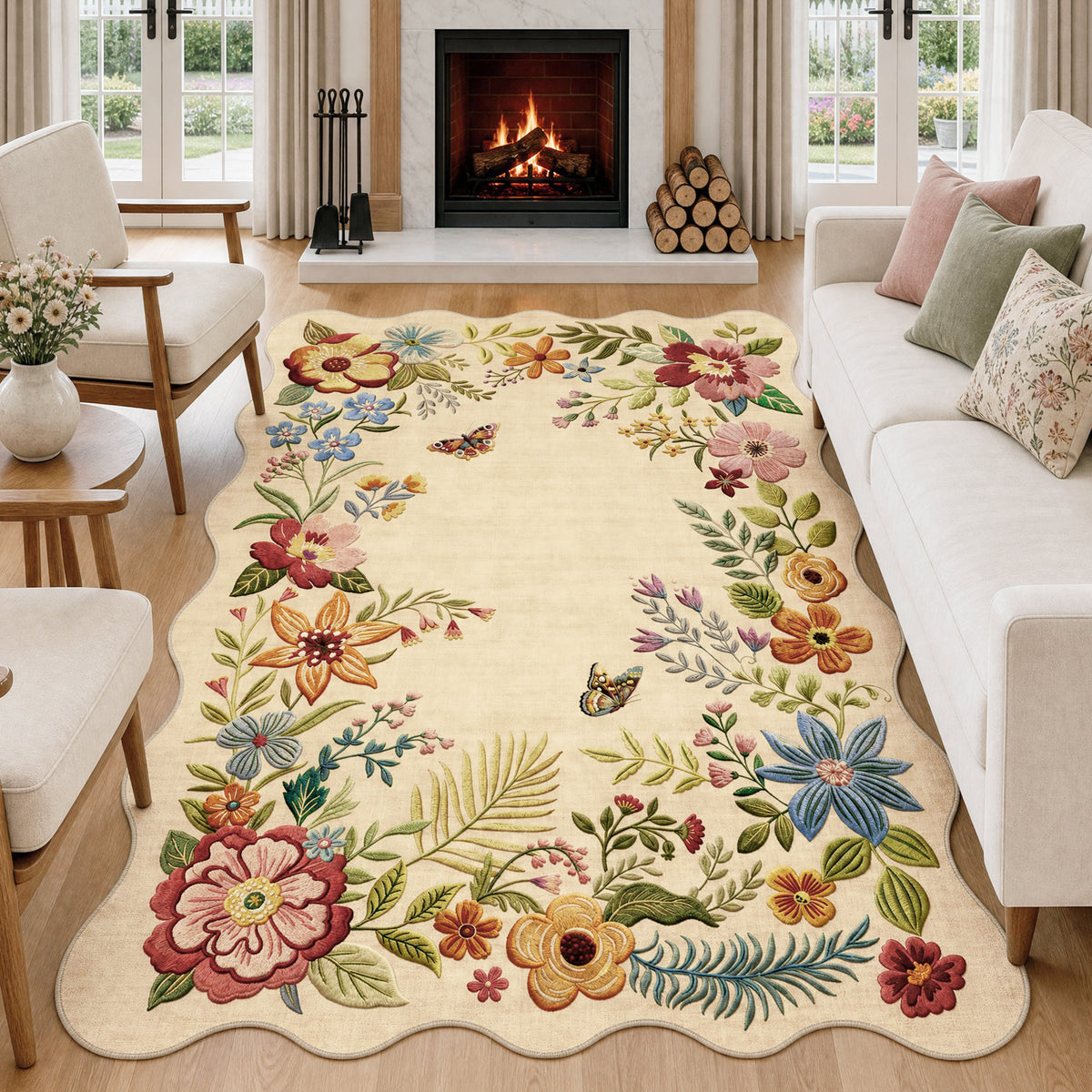 Metro Parlor Floral Washable Area Rug Vintage Flower Boho Scalloped Soft Non Slip Low Pile Indoor Thin Carpet for Living Room Bedroom Dining Room