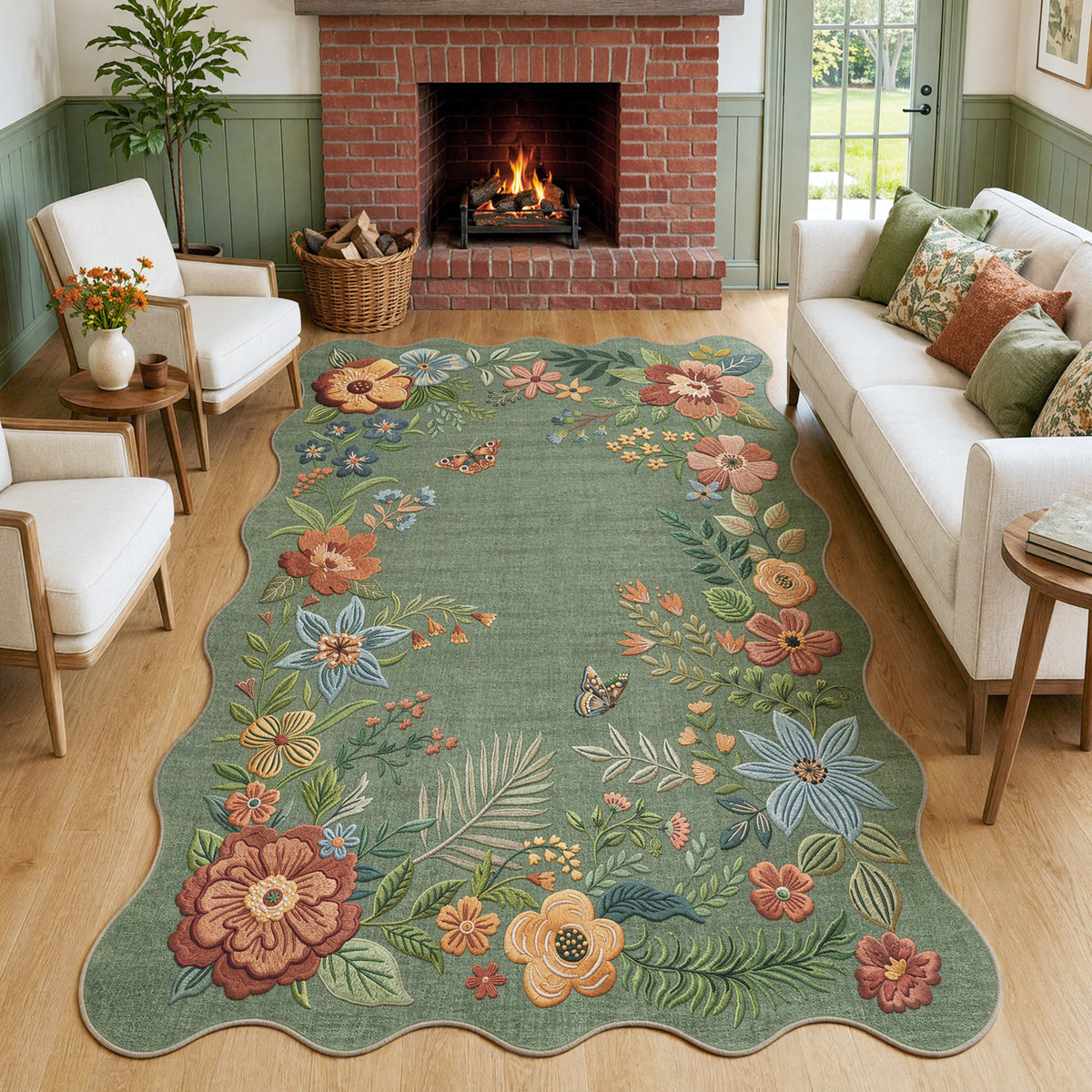 Metro Parlor Floral Washable Area Rug Vintage Flower Boho Scalloped Soft Non Slip Low Pile Indoor Thin Carpet for Living Room Bedroom Dining Room