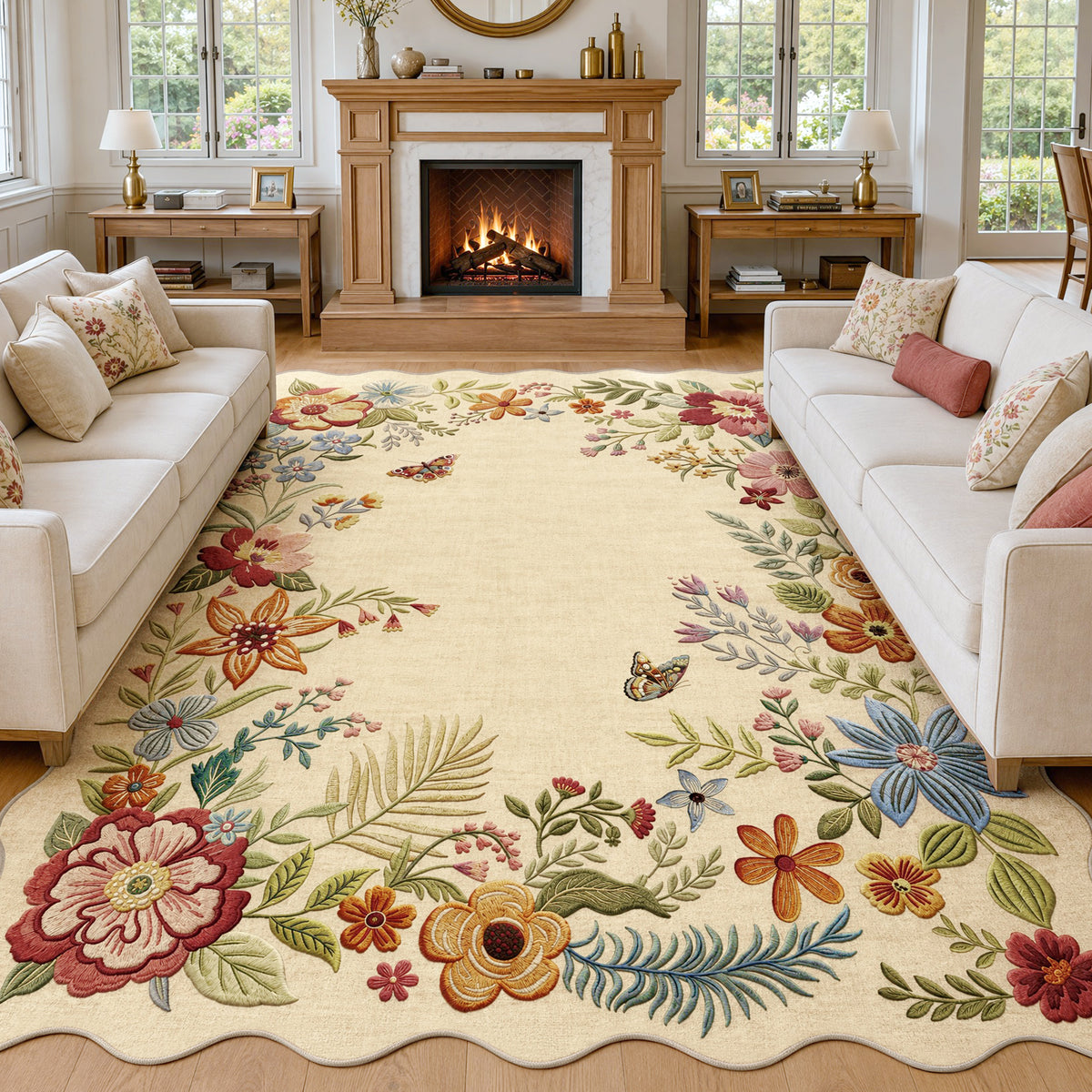 Metro Parlor Floral Washable Area Rug Vintage Flower Boho Scalloped Soft Non Slip Low Pile Indoor Thin Carpet for Living Room Bedroom Dining Room