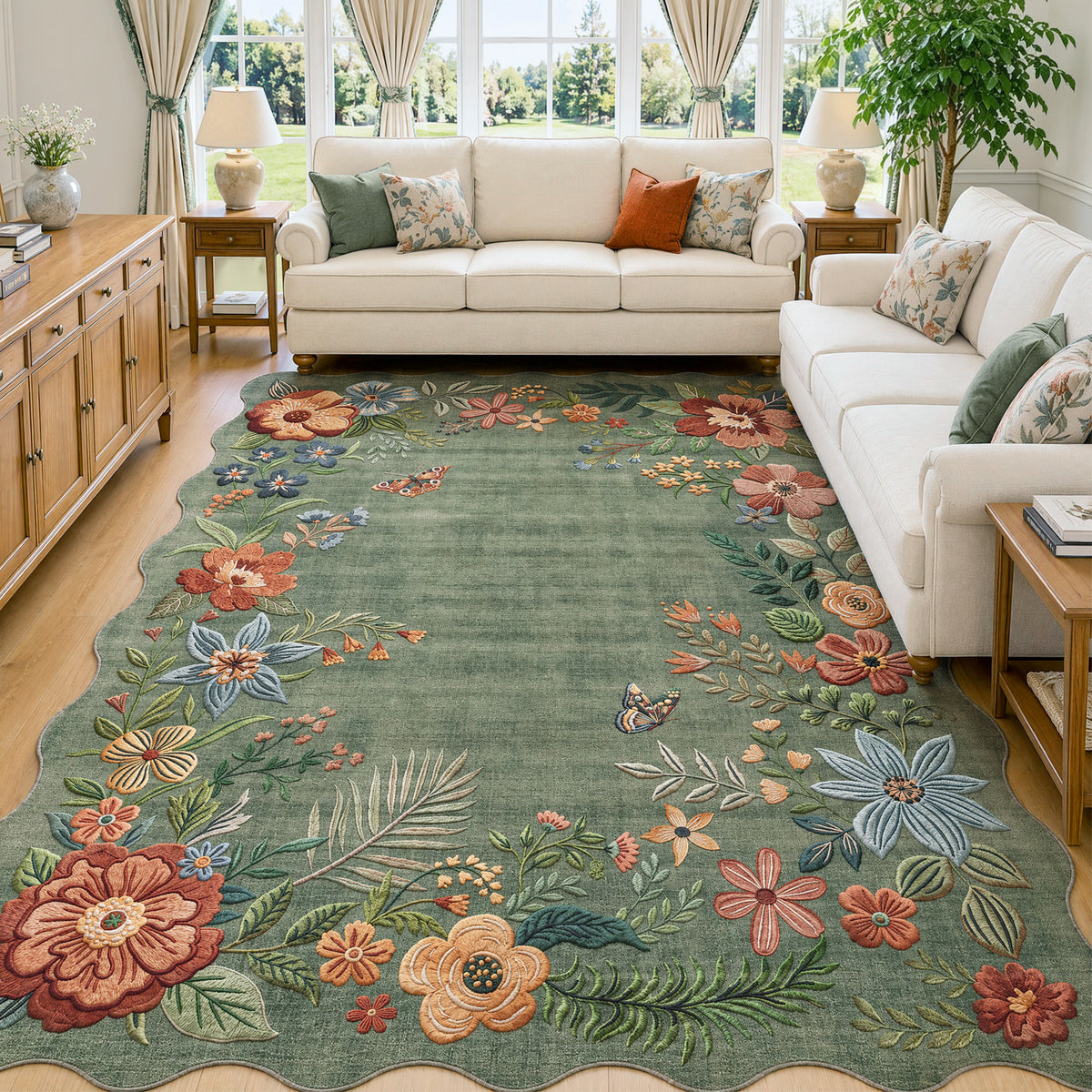 Metro Parlor Floral Washable Area Rug Vintage Flower Boho Scalloped Soft Non Slip Low Pile Indoor Thin Carpet for Living Room Bedroom Dining Room