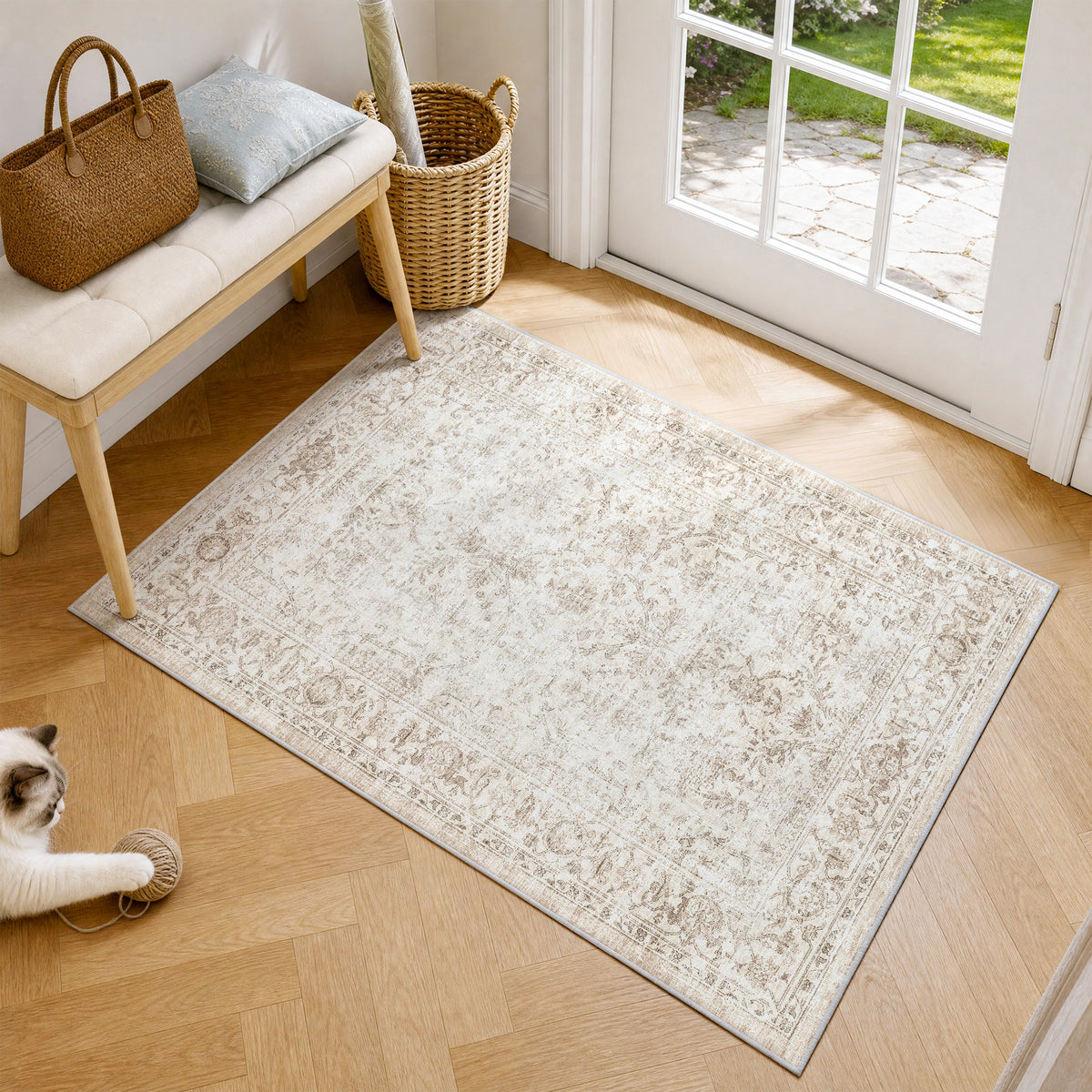 Metro Parlor Washable Area Rug Vintage Neutral Distressed Non Slip Carpet Low Pile Indoor Retro Throw Rug for Living Room Bedroom Dining Room