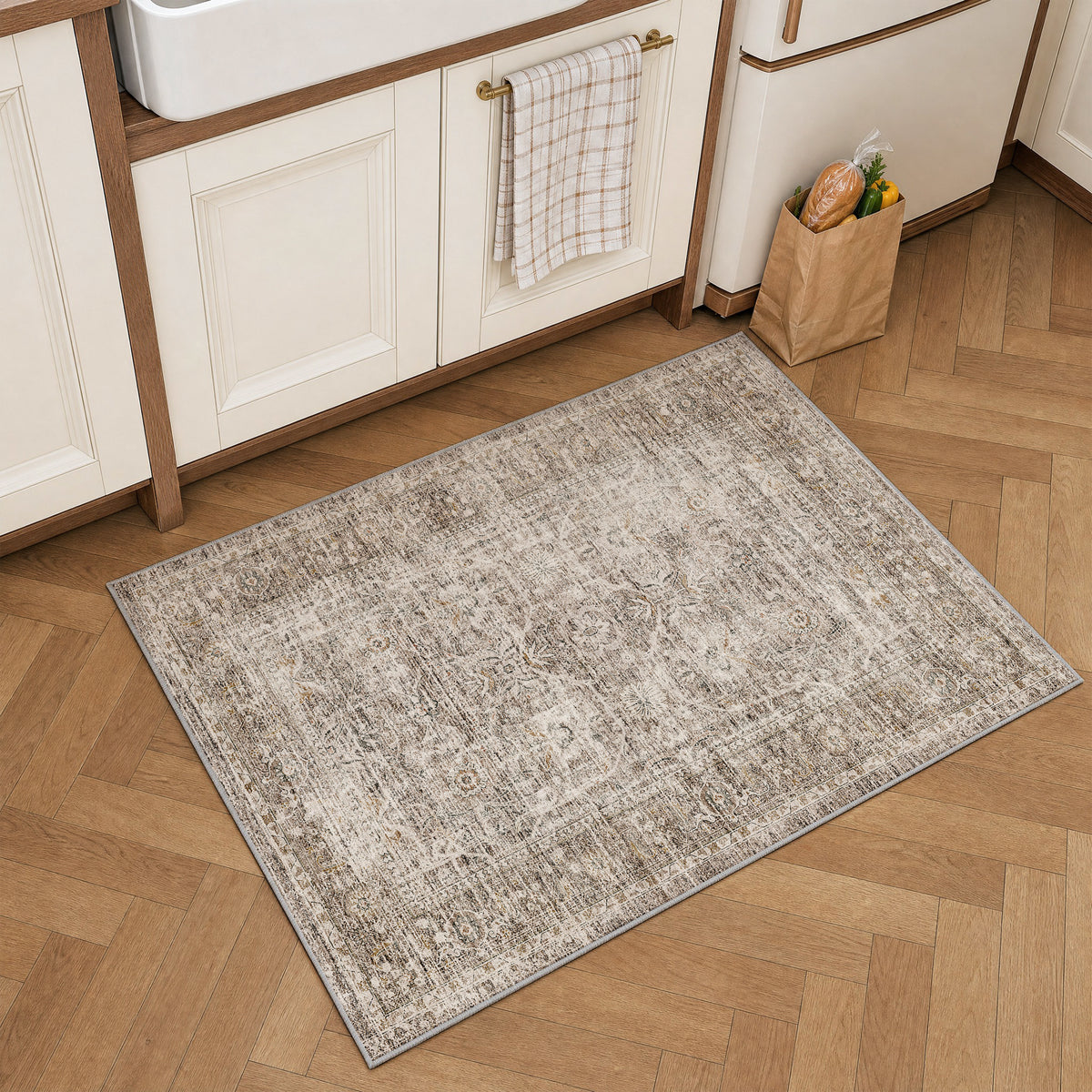 Metro Parlor Washable Area Rug Vintage Neutral Distressed Non Slip Carpet Low Pile Indoor Retro Throw Rug for Living Room Bedroom Dining Room
