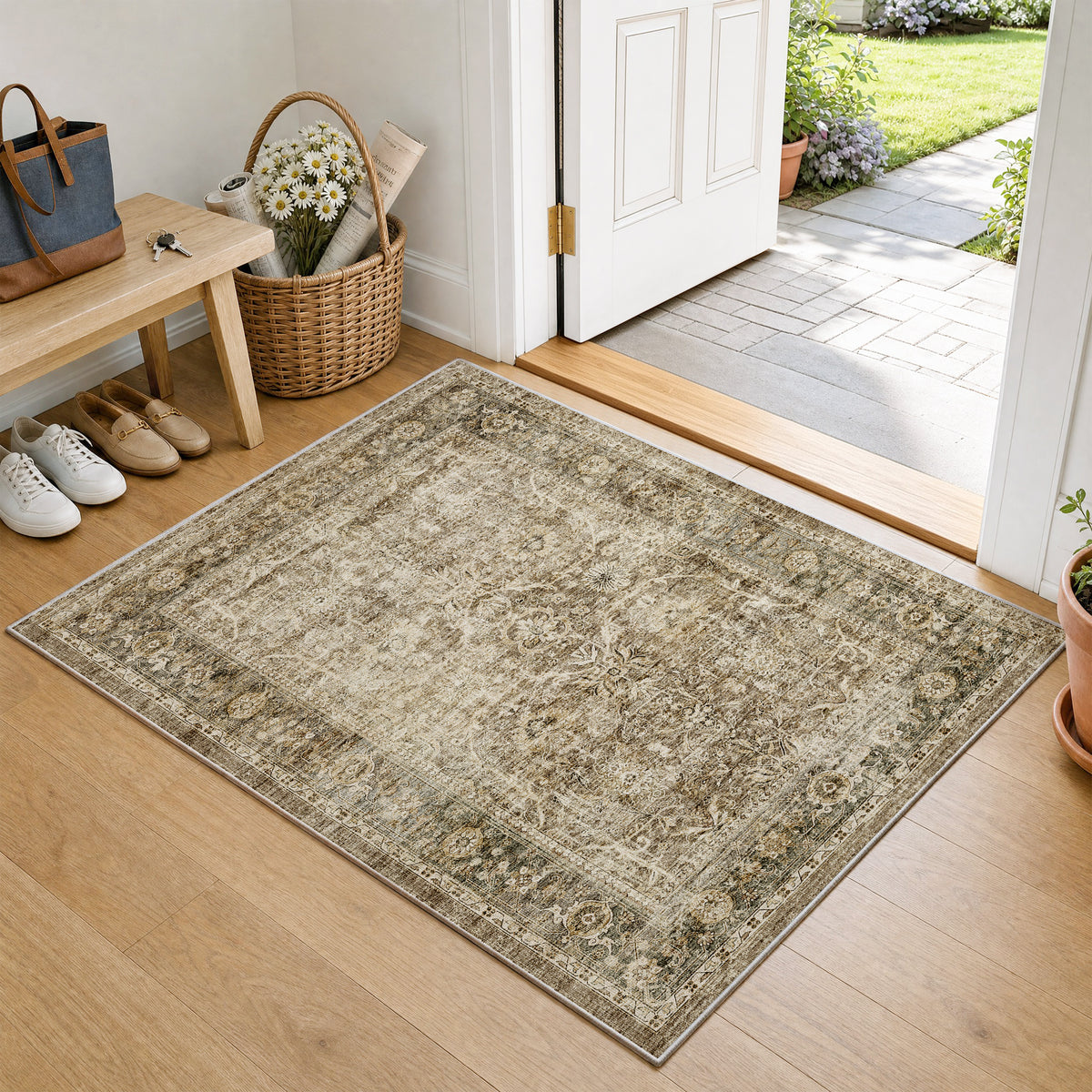 Metro Parlor Washable Area Rug Vintage Neutral Distressed Non Slip Carpet Low Pile Indoor Retro Throw Rug for Living Room Bedroom Dining Room