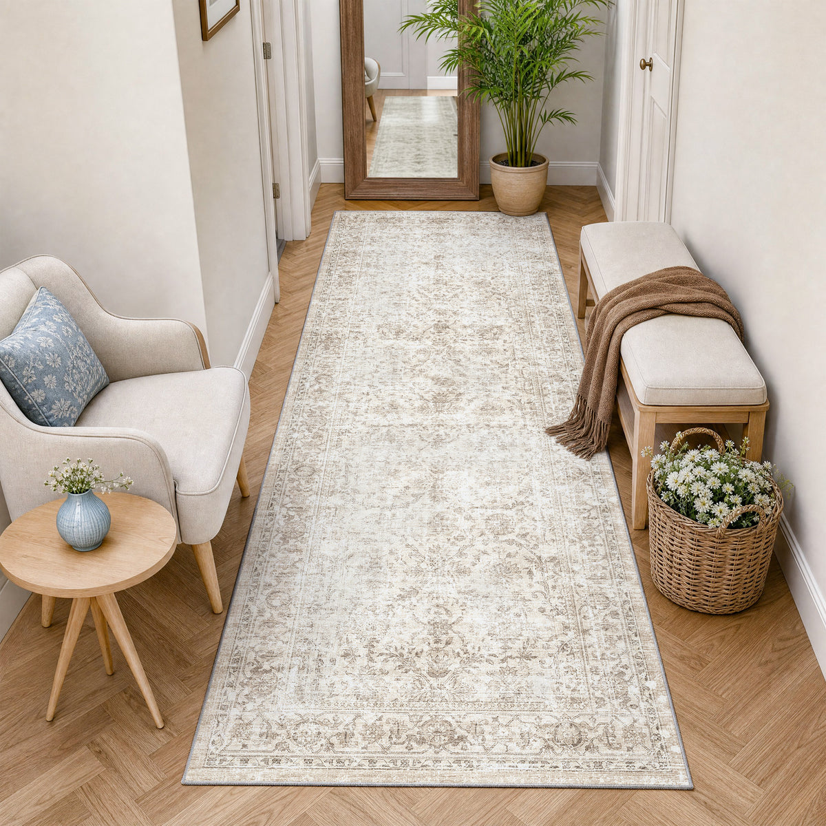 Metro Parlor Washable Area Rug Vintage Neutral Distressed Non Slip Carpet Low Pile Indoor Retro Throw Rug for Living Room Bedroom Dining Room