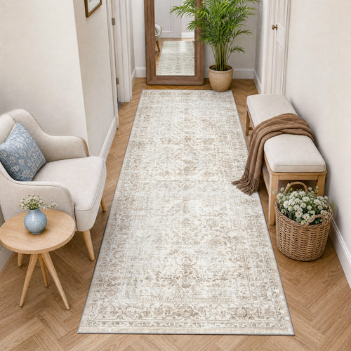 Metro Parlor Washable Area Rug Vintage Neutral Distressed Non Slip Carpet Low Pile Indoor Retro Throw Rug for Living Room Bedroom Dining Room