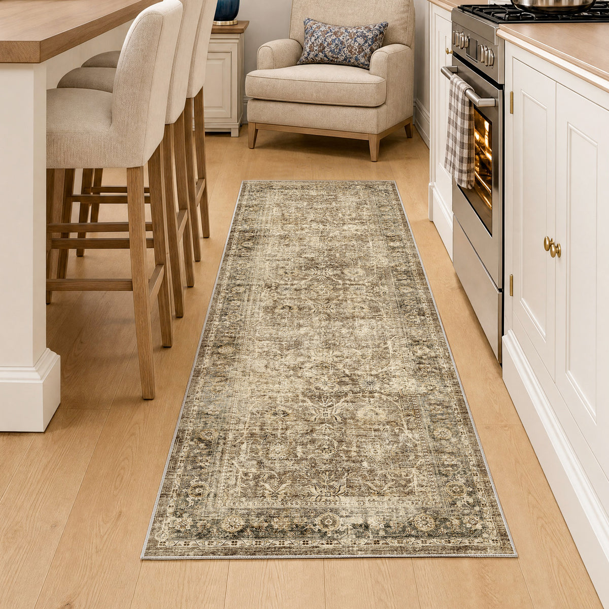 Metro Parlor Washable Area Rug Vintage Neutral Distressed Non Slip Carpet Low Pile Indoor Retro Throw Rug for Living Room Bedroom Dining Room