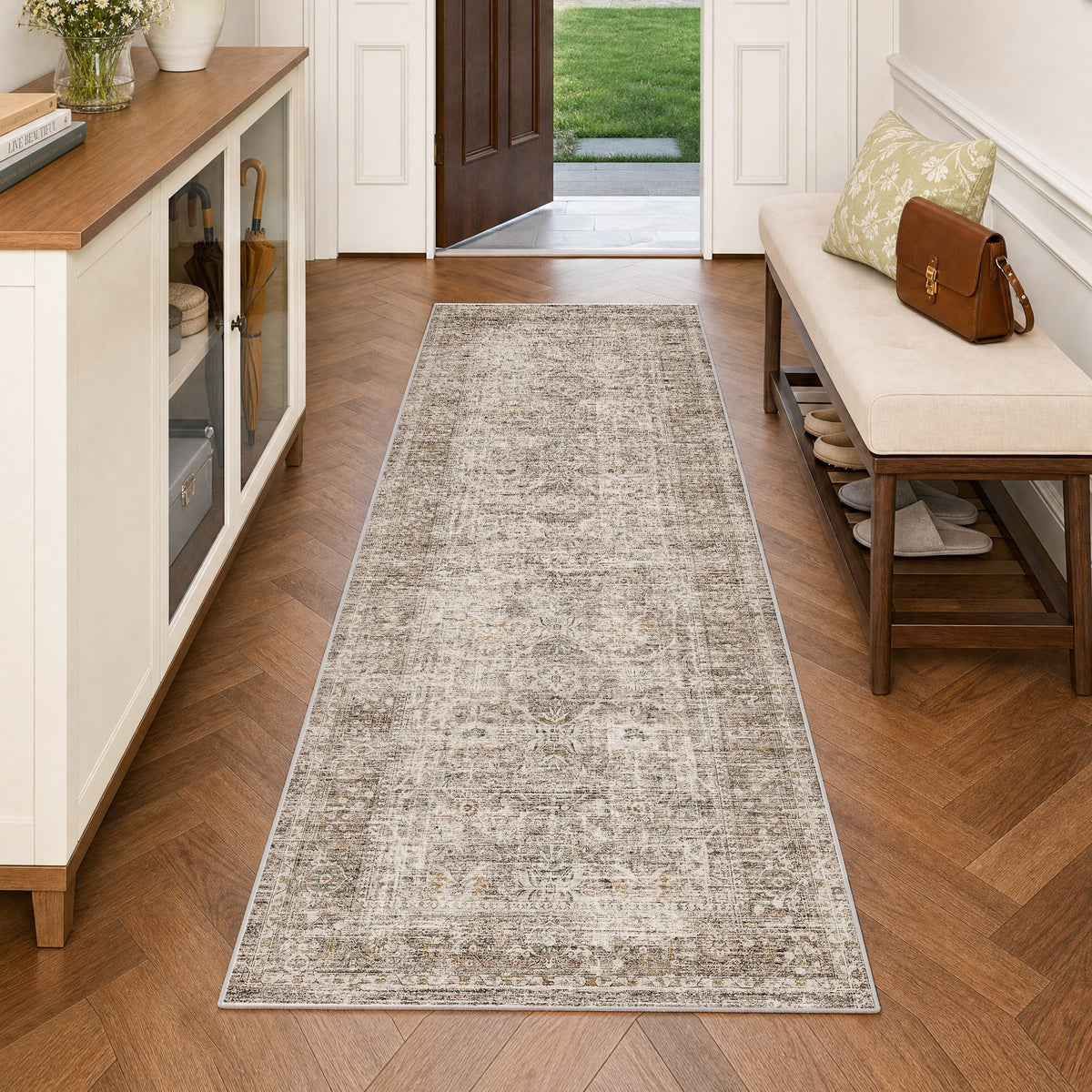 Metro Parlor Washable Area Rug Vintage Neutral Distressed Non Slip Carpet Low Pile Indoor Retro Throw Rug for Living Room Bedroom Dining Room