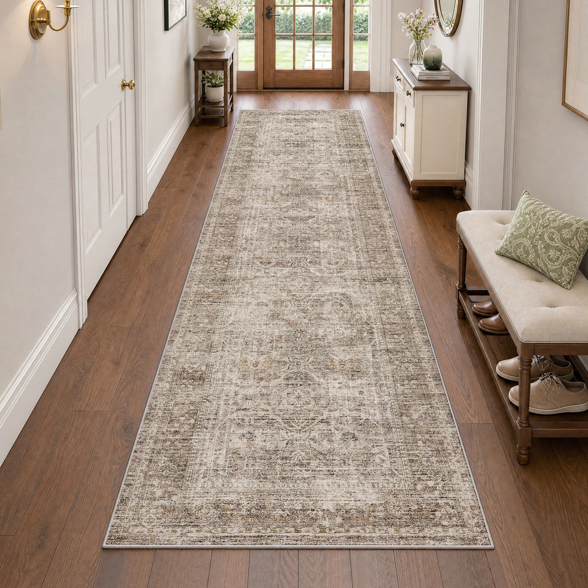 Metro Parlor Washable Area Rug Vintage Neutral Distressed Non Slip Carpet Low Pile Indoor Retro Throw Rug for Living Room Bedroom Dining Room