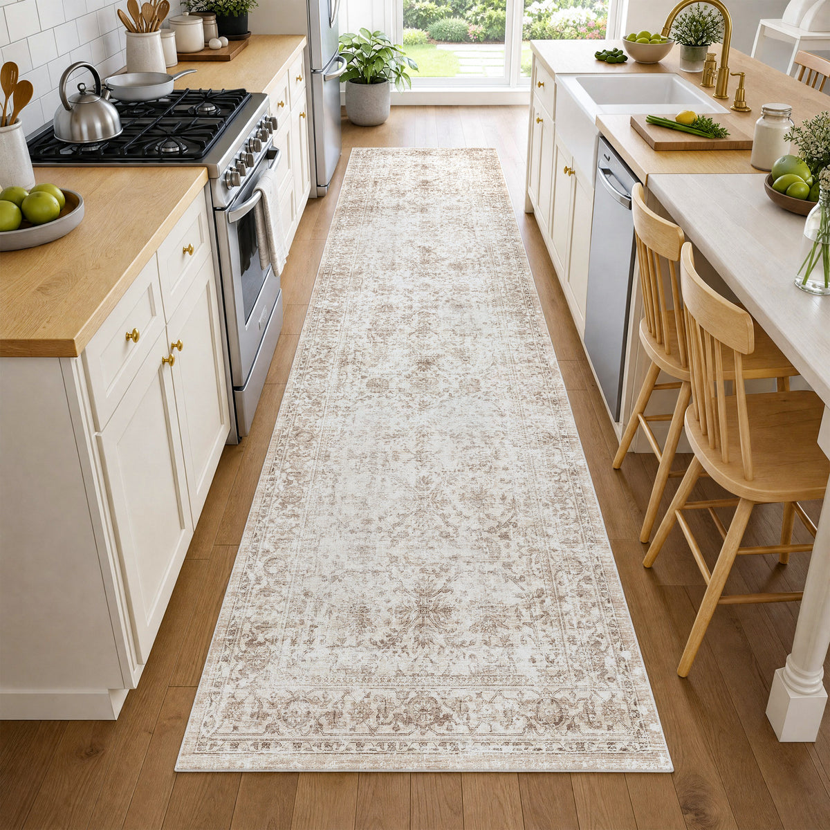 Metro Parlor Washable Area Rug Vintage Neutral Distressed Non Slip Carpet Low Pile Indoor Retro Throw Rug for Living Room Bedroom Dining Room