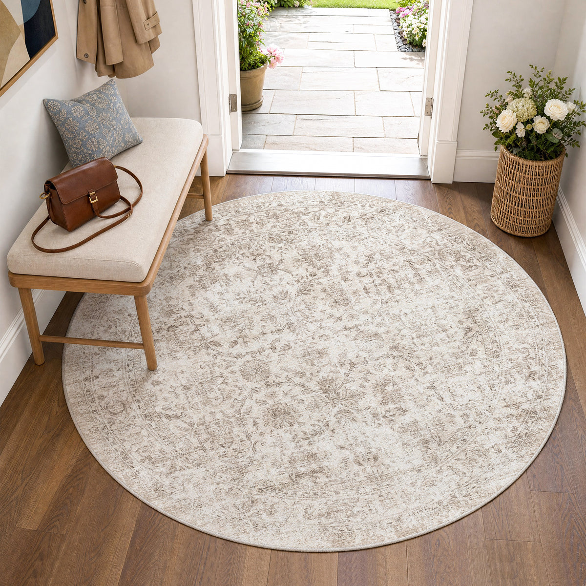 Metro Parlor Washable Area Rug Vintage Neutral Distressed Non Slip Carpet Low Pile Indoor Retro Throw Rug for Living Room Bedroom Dining Room