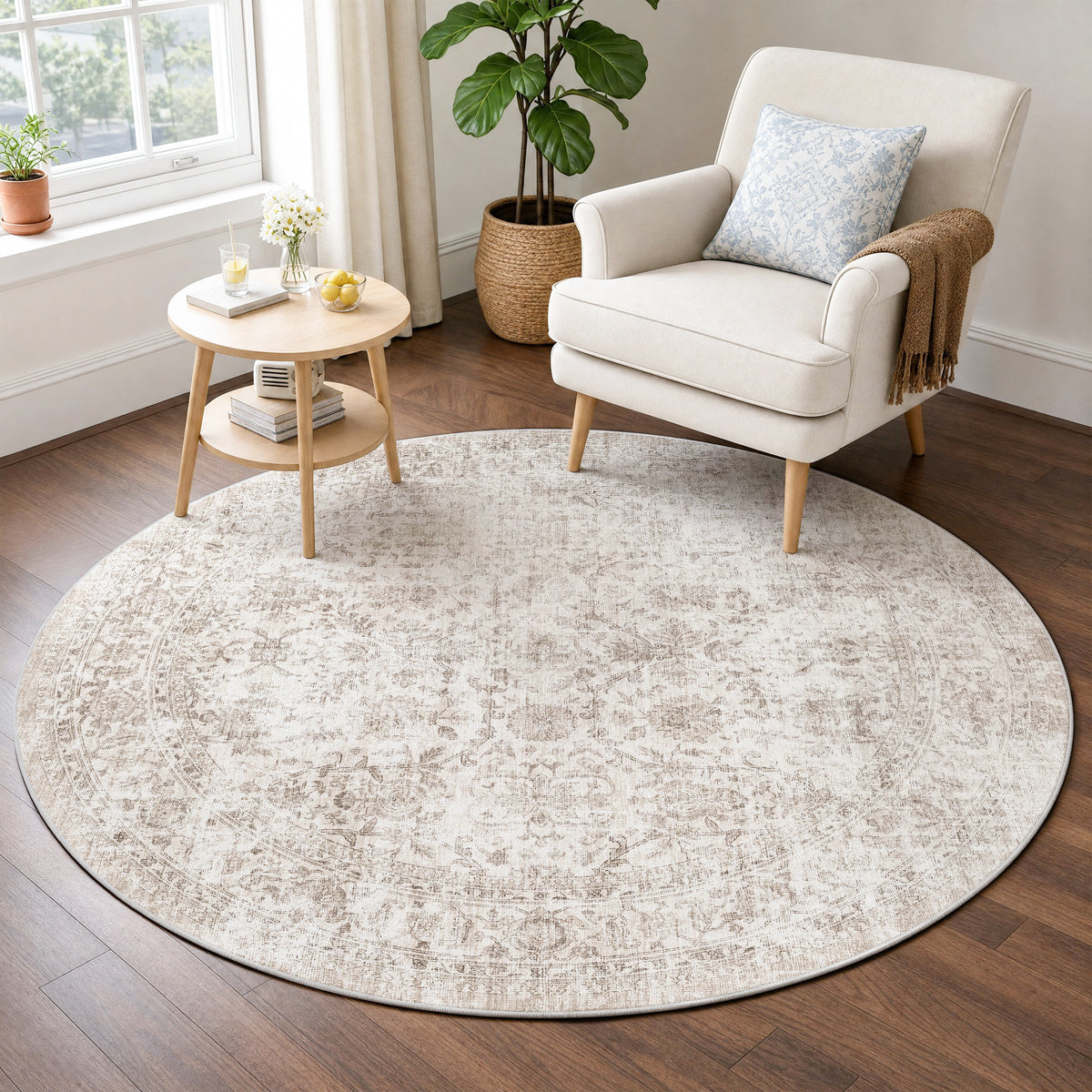 Metro Parlor Washable Area Rug Vintage Neutral Distressed Non Slip Carpet Low Pile Indoor Retro Throw Rug for Living Room Bedroom Dining Room