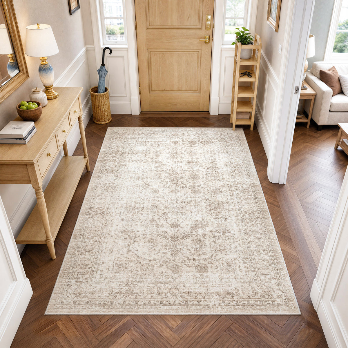Metro Parlor Washable Area Rug Vintage Neutral Distressed Non Slip Carpet Low Pile Indoor Retro Throw Rug for Living Room Bedroom Dining Room
