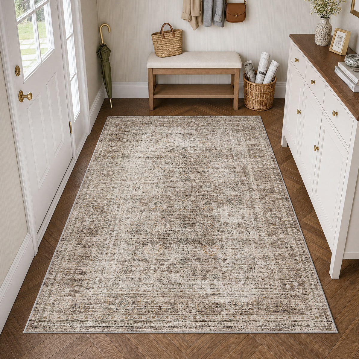 Metro Parlor Washable Area Rug Vintage Neutral Distressed Non Slip Carpet Low Pile Indoor Retro Throw Rug for Living Room Bedroom Dining Room
