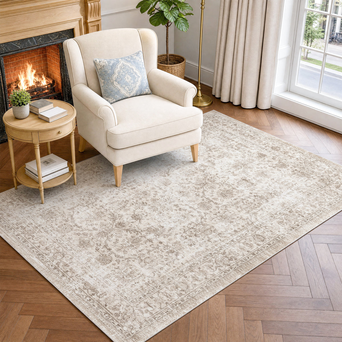 Metro Parlor Washable Area Rug Vintage Neutral Distressed Non Slip Carpet Low Pile Indoor Retro Throw Rug for Living Room Bedroom Dining Room