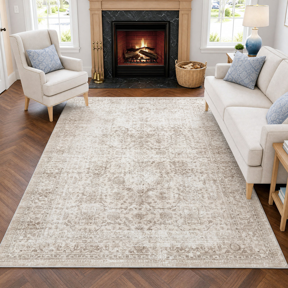 Metro Parlor Washable Area Rug Vintage Neutral Distressed Non Slip Carpet Low Pile Indoor Retro Throw Rug for Living Room Bedroom Dining Room