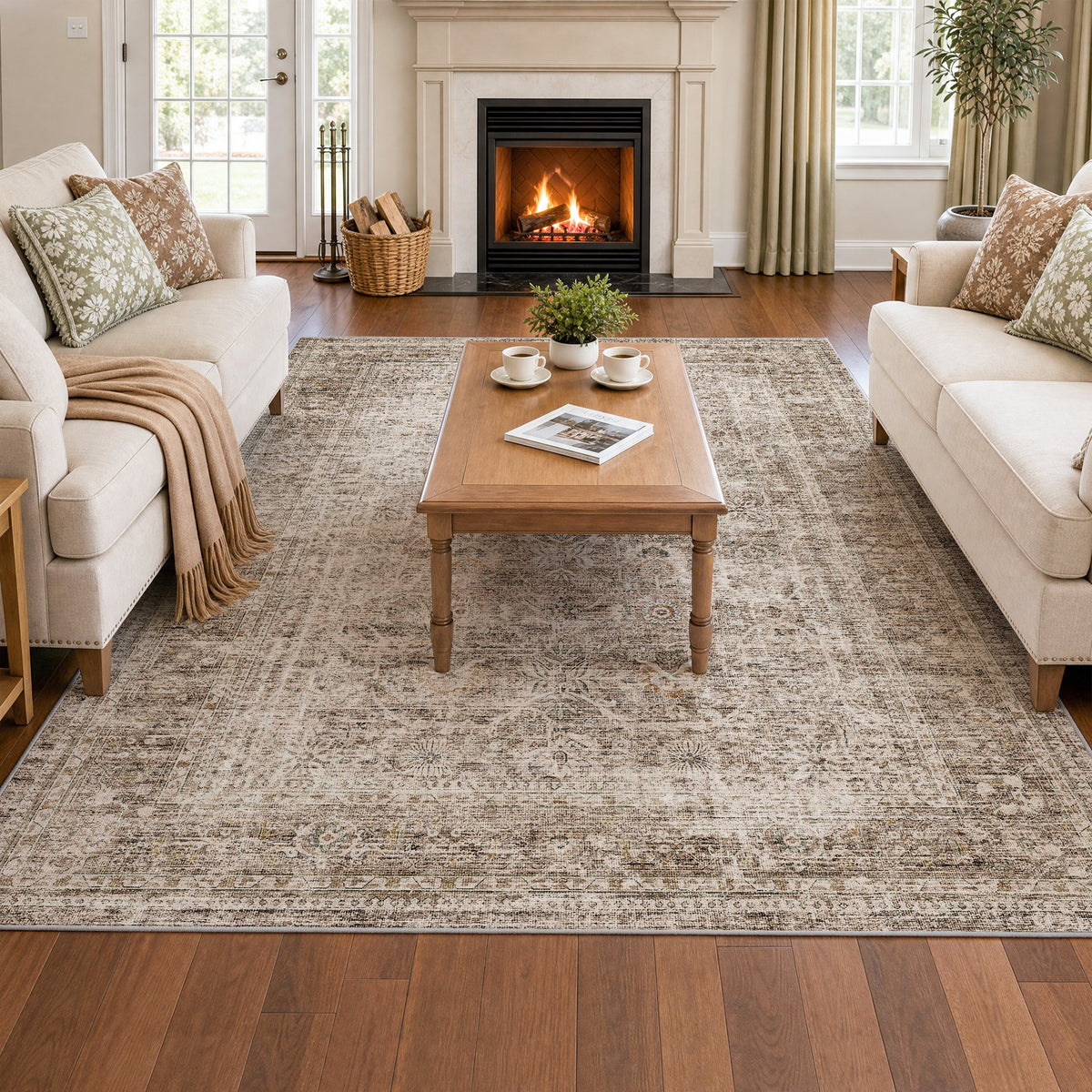 Metro Parlor Washable Area Rug Vintage Neutral Distressed Non Slip Carpet Low Pile Indoor Retro Throw Rug for Living Room Bedroom Dining Room