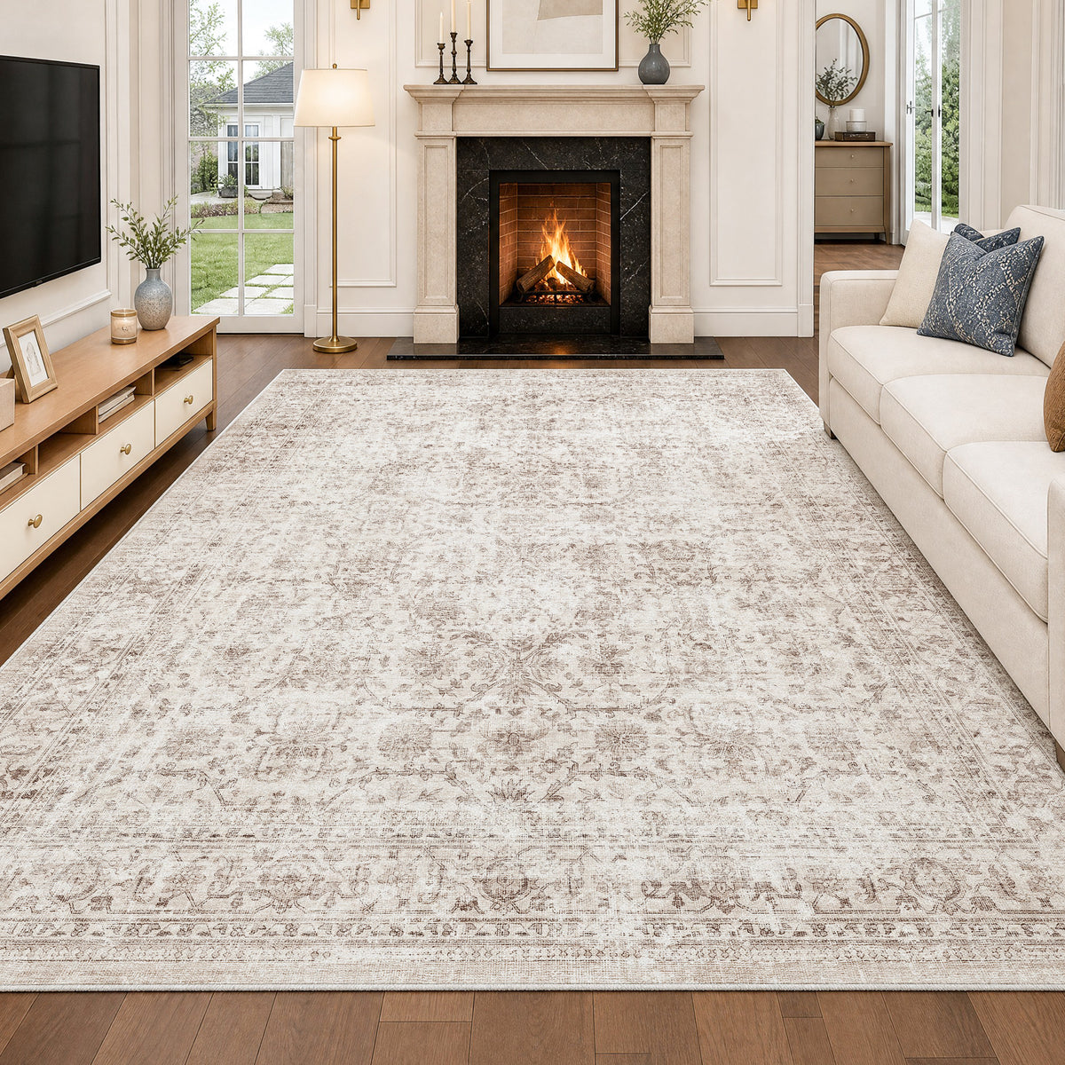 Metro Parlor Washable Area Rug Vintage Neutral Distressed Non Slip Carpet Low Pile Indoor Retro Throw Rug for Living Room Bedroom Dining Room