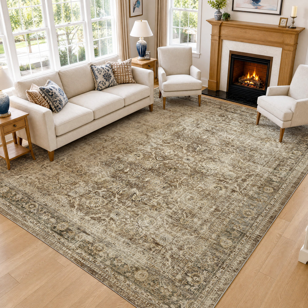 Metro Parlor Washable Area Rug Vintage Neutral Distressed Non Slip Carpet Low Pile Indoor Retro Throw Rug for Living Room Bedroom Dining Room