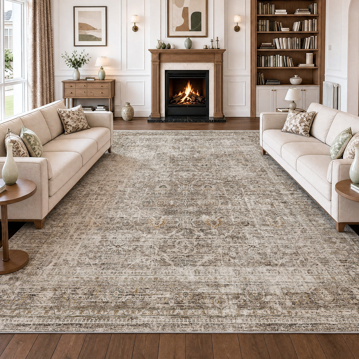 Metro Parlor Washable Area Rug Vintage Neutral Distressed Non Slip Carpet Low Pile Indoor Retro Throw Rug for Living Room Bedroom Dining Room