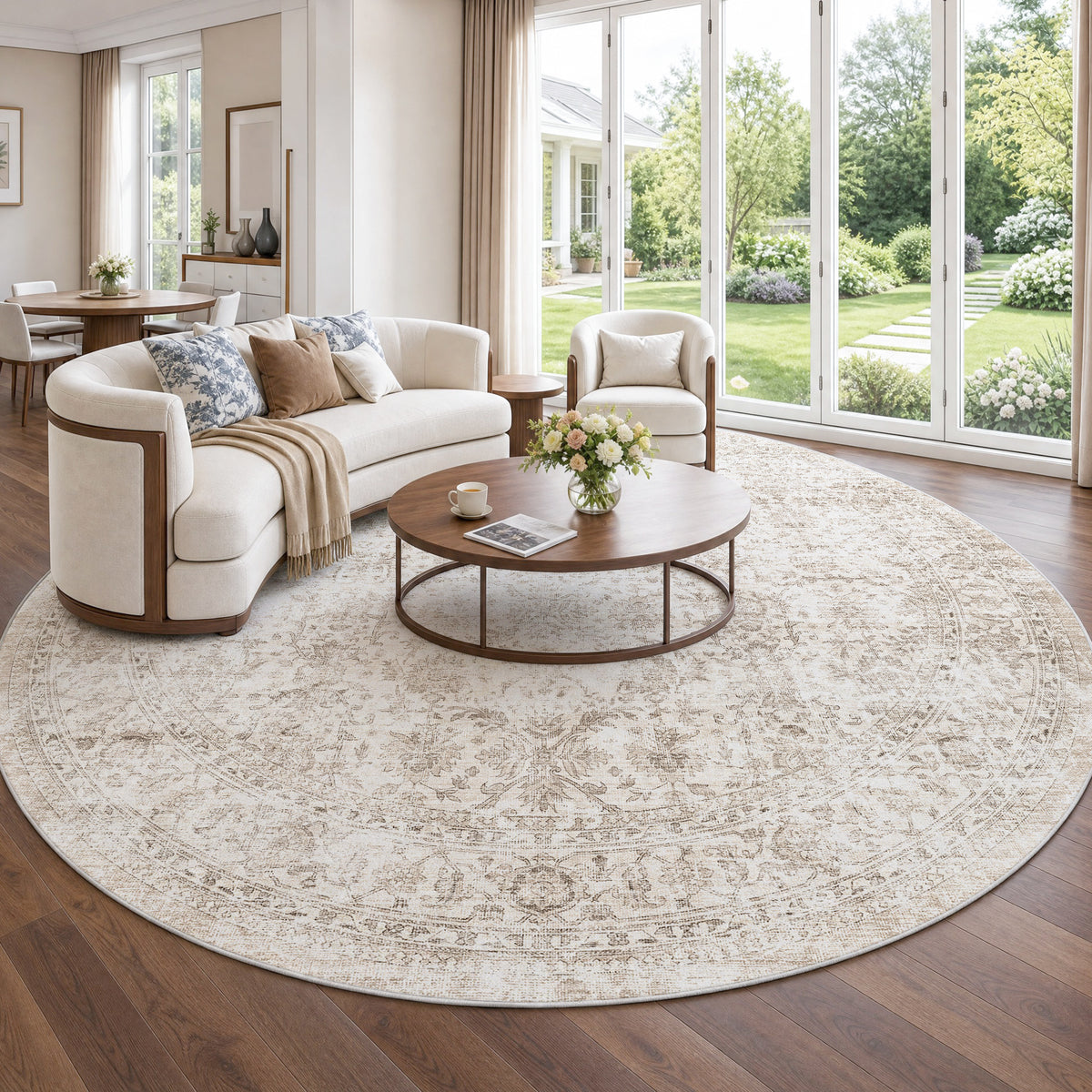 Metro Parlor Washable Area Rug Vintage Neutral Distressed Non Slip Carpet Low Pile Indoor Retro Throw Rug for Living Room Bedroom Dining Room
